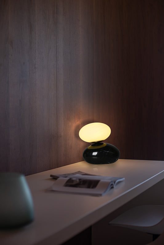 BRTL3327MA Black Marble Cobble Base Opal Glass Bedside Dimmable Mini Night Light | Zen/Simple Style | BRILLIANT-MAKER - BRILLIANT MAKER