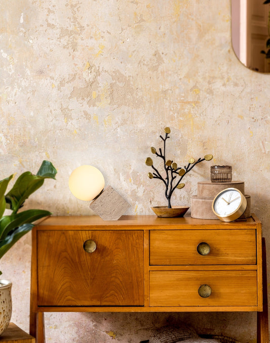 BRTL3340TR Opal Glass Ball Travertine Cube Base Bedside Dimmable Table Light | Modern Simplicity | BRILLIANT-MAKER - BRILLIANT MAKER