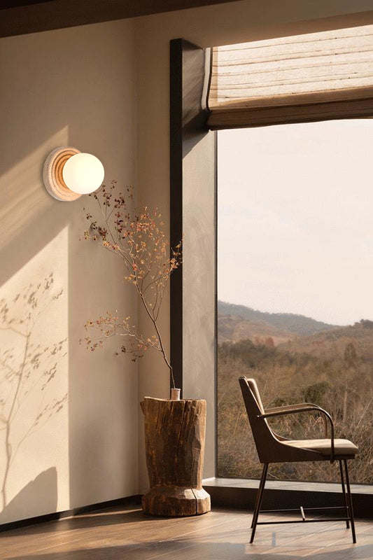 BRWL7083TR Opal Glass Ball Travertine Base Sand Painting Art Wall Light | Zen/Simple Style | BRILLIANT-MAKER - BRILLIANT MAKER