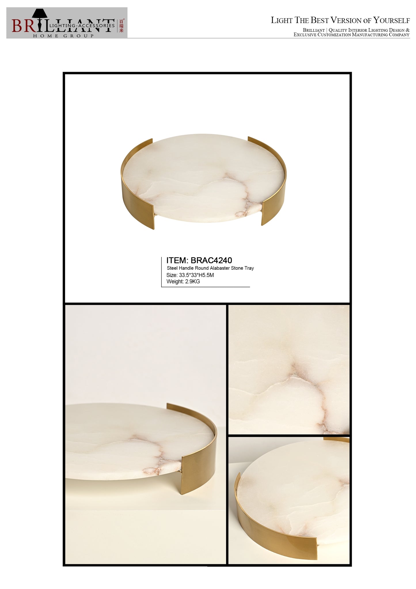 Steel handle round alabaster stone tray