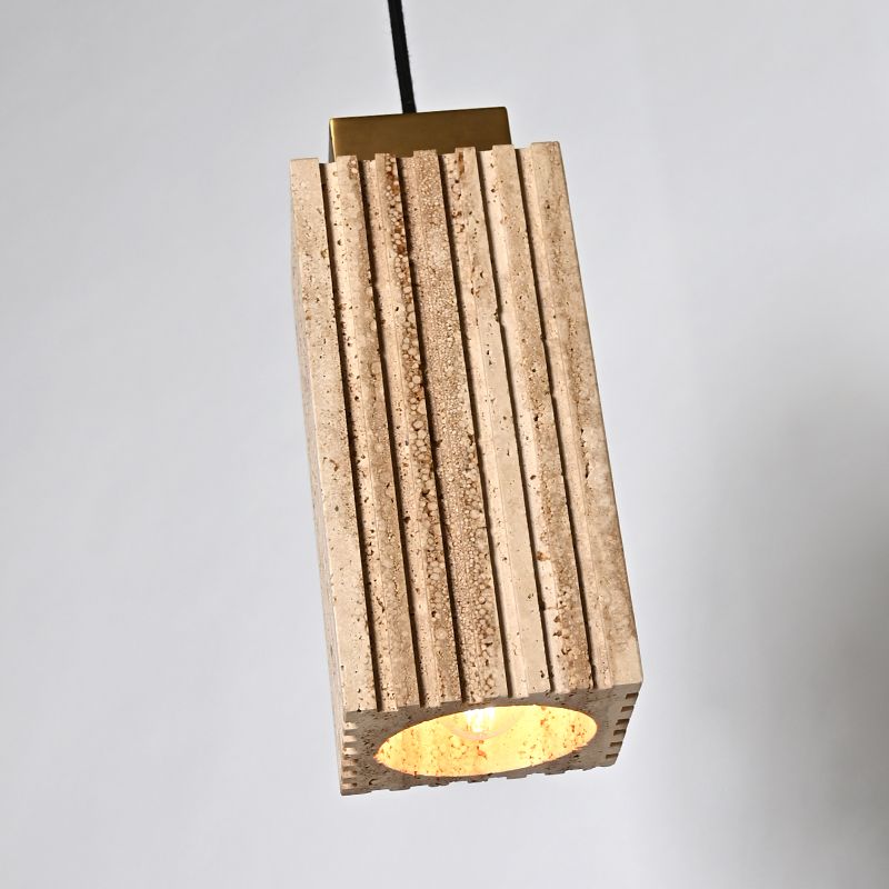 Carved square column natural travertine stone pendant light