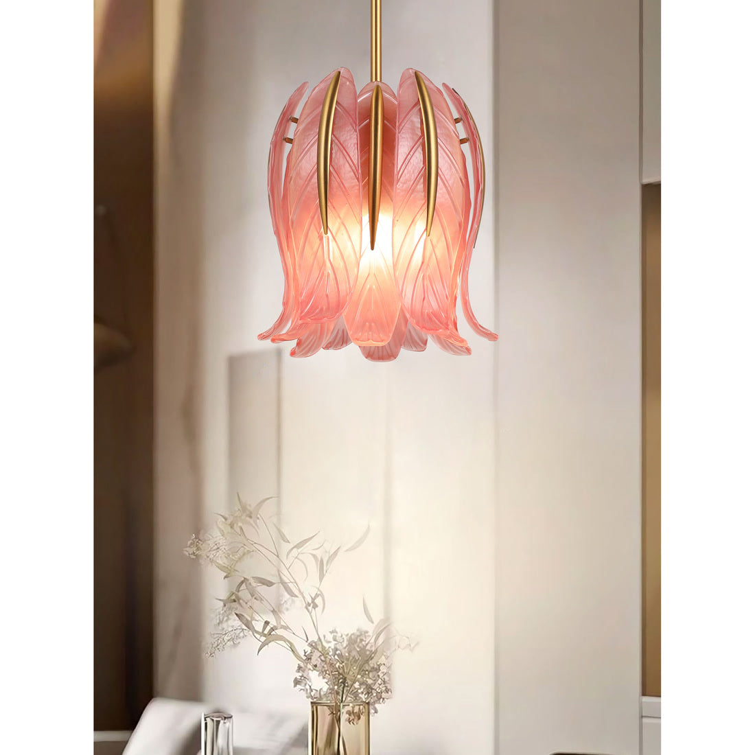 BRCH9193-B PK Double-Layer Frosted Pink Tulip Glass Pendant Light