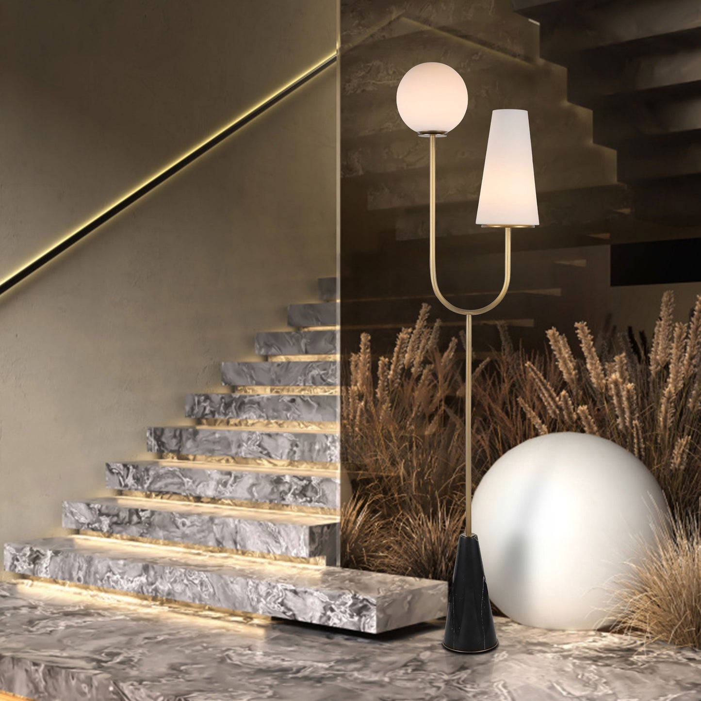 Glass floor lamp with black marble base