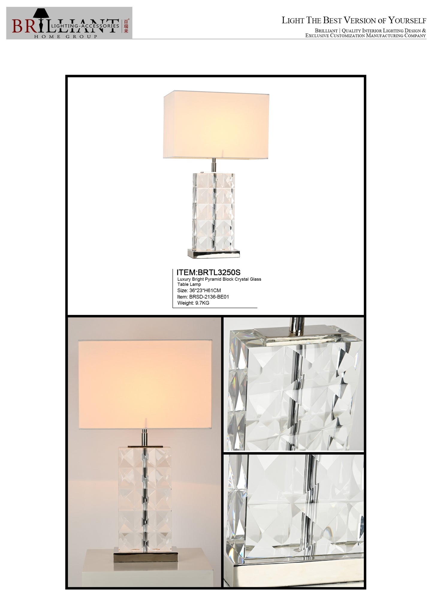 Luxury bright pyramid block crystal glass table lamp