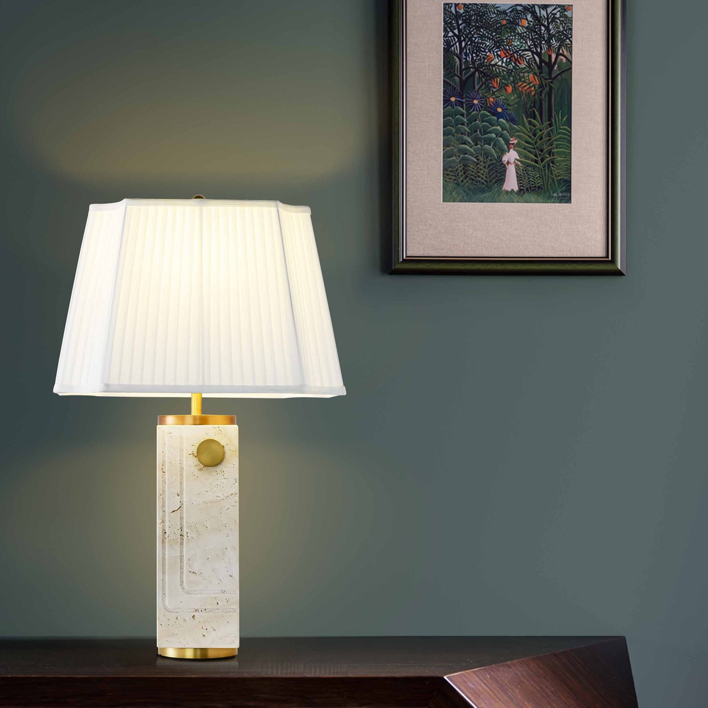 Hand-carved travertine stone craft table lamp