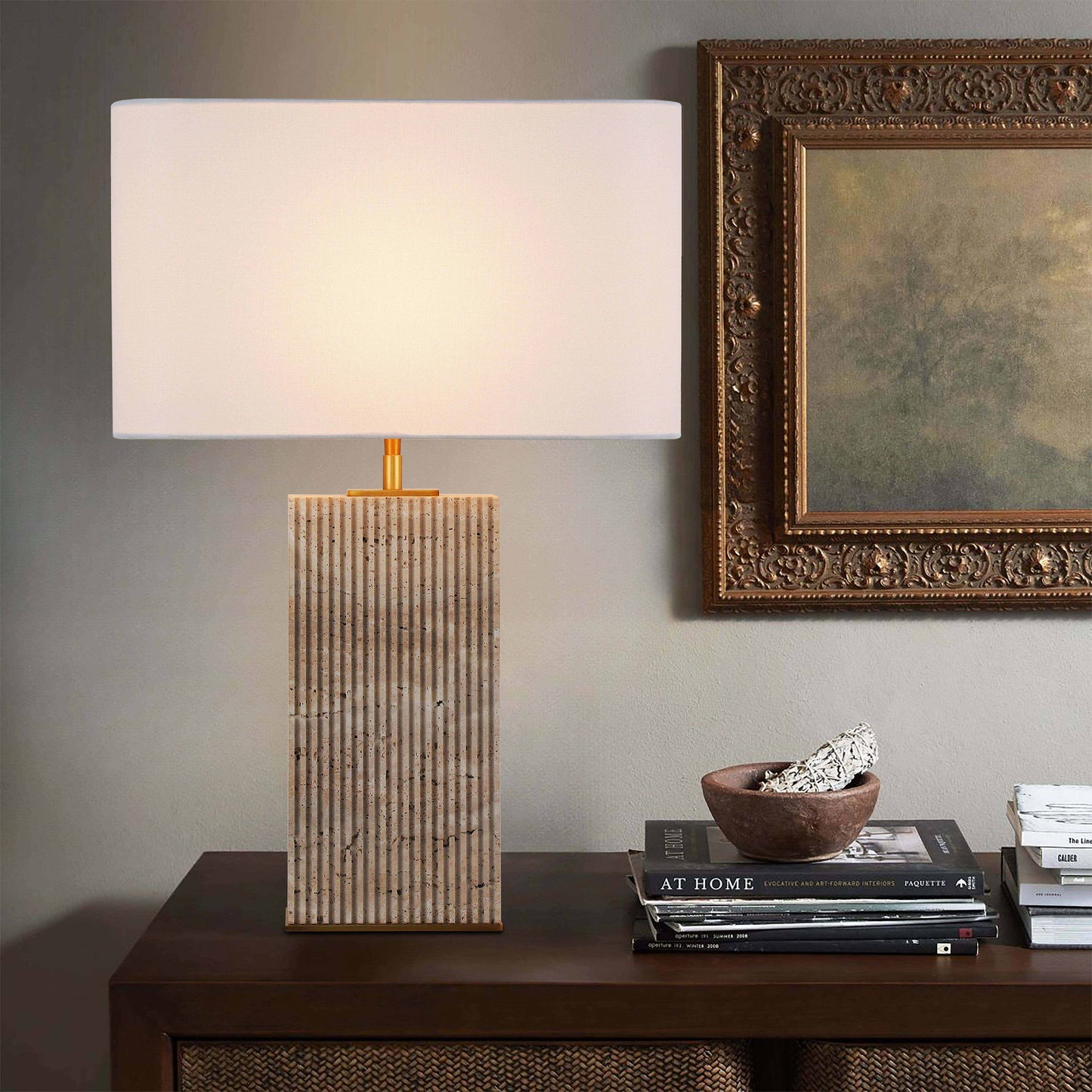 BRTL3375 – Modern Cube Travertine Table Lamp with Grooved Design | Natural Stone & Steel for Luxurious Spaces