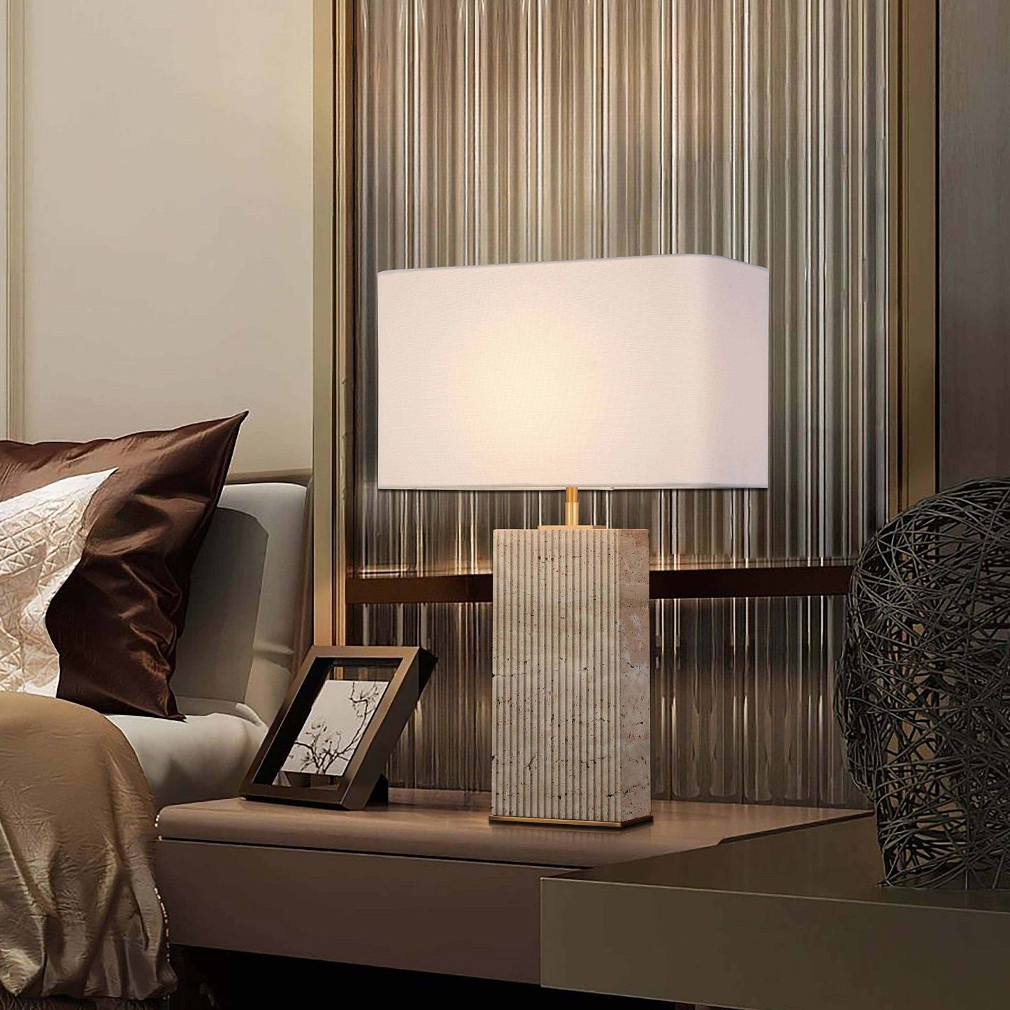 BRTL3375 – Modern Cube Travertine Table Lamp with Grooved Design | Natural Stone & Steel for Luxurious Spaces