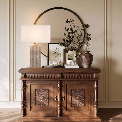 BRTL3375 – Modern Cube Travertine Table Lamp with Grooved Design | Natural Stone & Steel for Luxurious Spaces