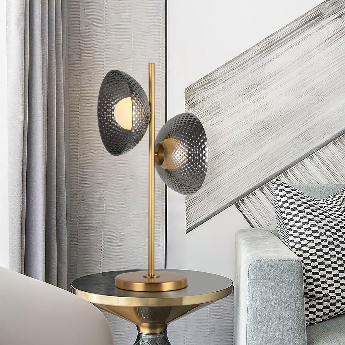 ual-headed Vortex Circular Smoke Gray Glass Table Lamp - Modern Simplicity with Oceanic Mystery | BRILLIANT-MAKER - BRILLIANT MAKER