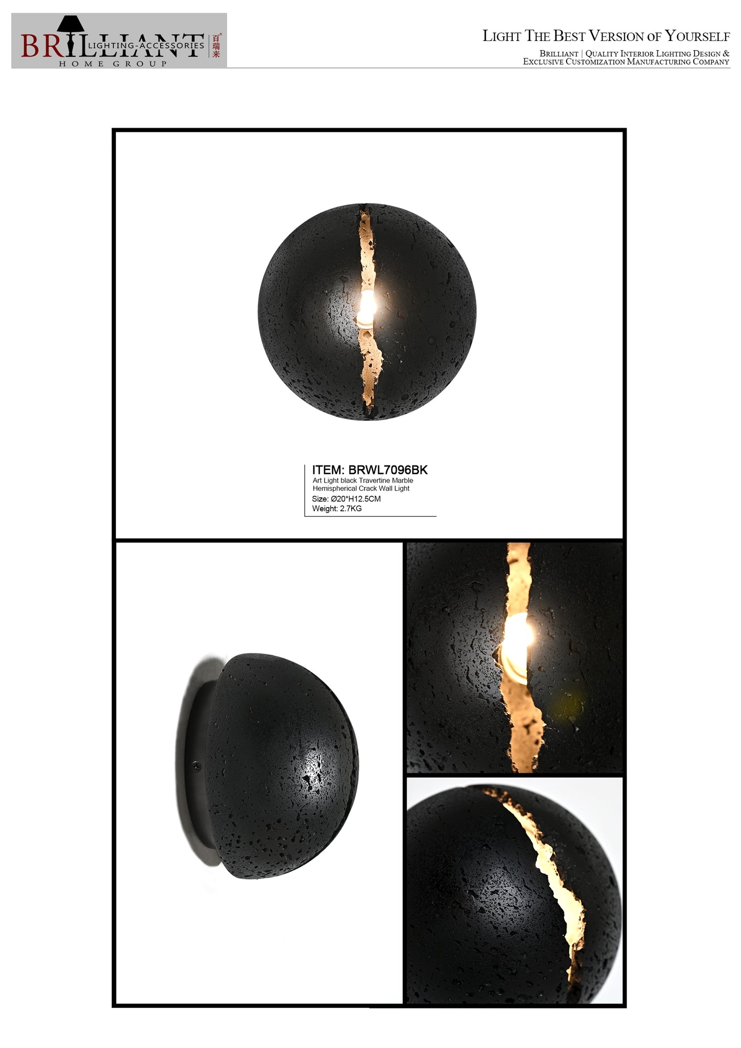 Art light travertine marble hemispherical crack wall light