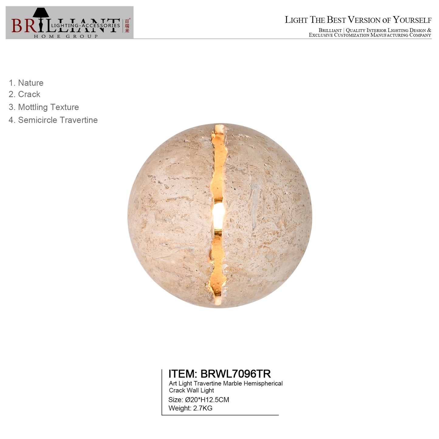 Art light travertine marble hemispherical crack wall light