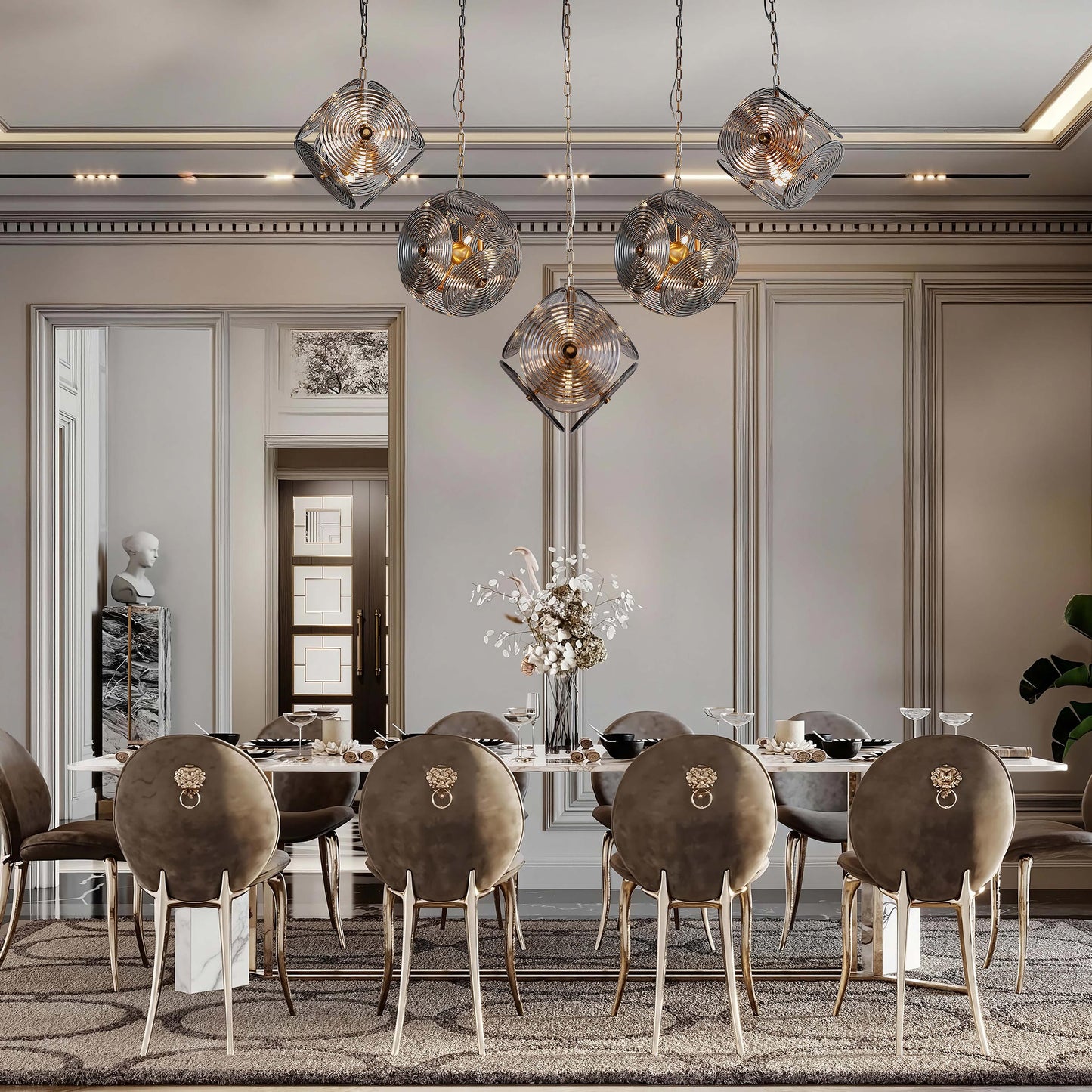 Brilliant-Maker PL9202-5 Interstellar Symphony Rippled Glass Five - Head Pendant Light - Custom B2B Grand Scale Geometric Art Lighting