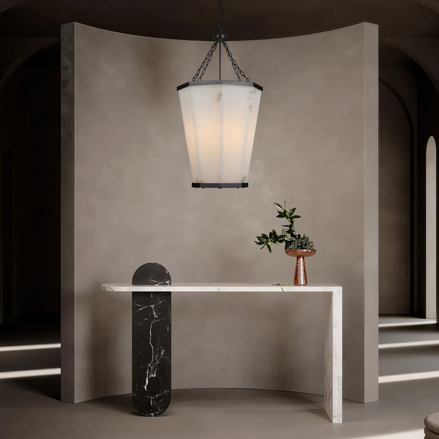 PL9206 Octagonal Cage Alabaster Pendant Lamp: Architectural Statement Piece