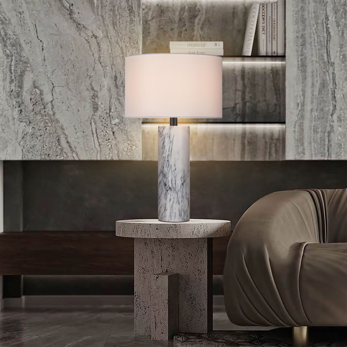مصباح طاولة من الرخام الأبيض من بريليانت ميكر TL3389AW، أرابيسكاتو، مع غطاء من الكتان البيج BE01 - مصباح كلاسيكي عصري قابل للتخصيص من B2B بلمسة نهائية برونزية، لغرفة المعيشة/غرفة النوم/غرفة الطعام 