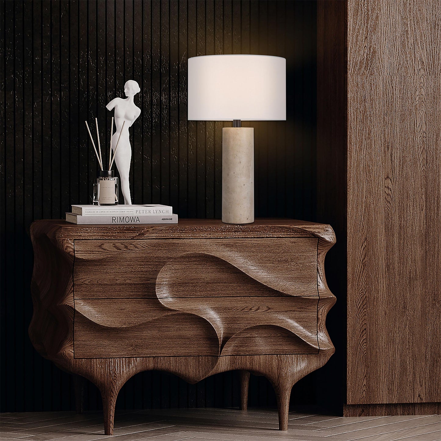 Brilliant-Maker TL3389TR Travertine Table Lamp with BE01 Beige Linen Shade - Customizable B2B Modern Classic Lamp with Bronze Finish