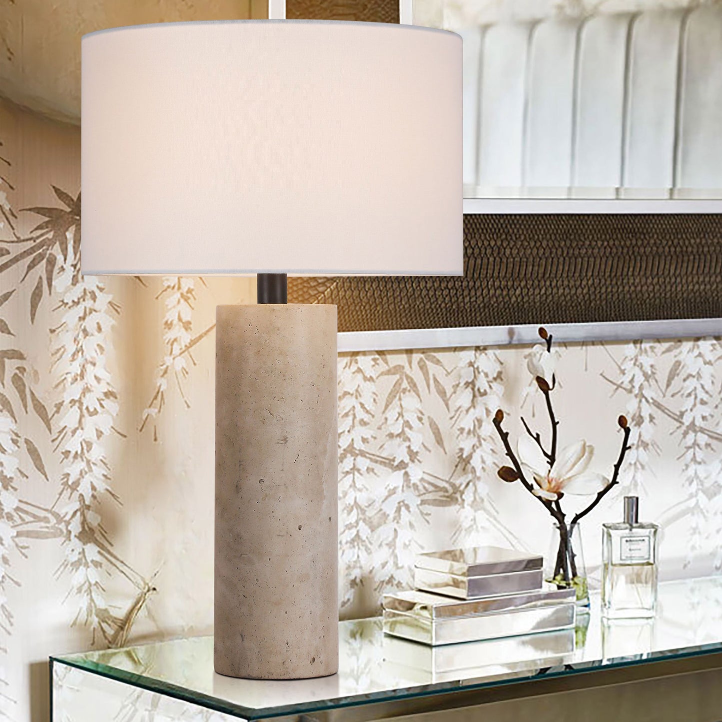 Brilliant-Maker TL3389TR Travertine Table Lamp with BE01 Beige Linen Shade - Customizable B2B Modern Classic Lamp with Bronze Finish