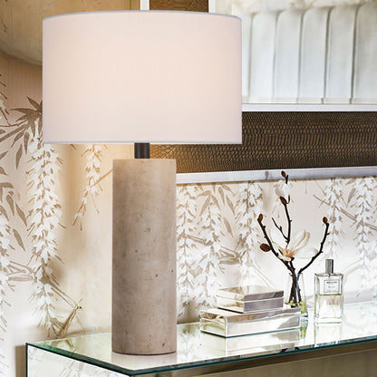 Brilliant-Maker TL3389TR Travertine Table Lamp with BE01 Beige Linen Shade - Customizable B2B Modern Classic Lamp with Bronze Finish